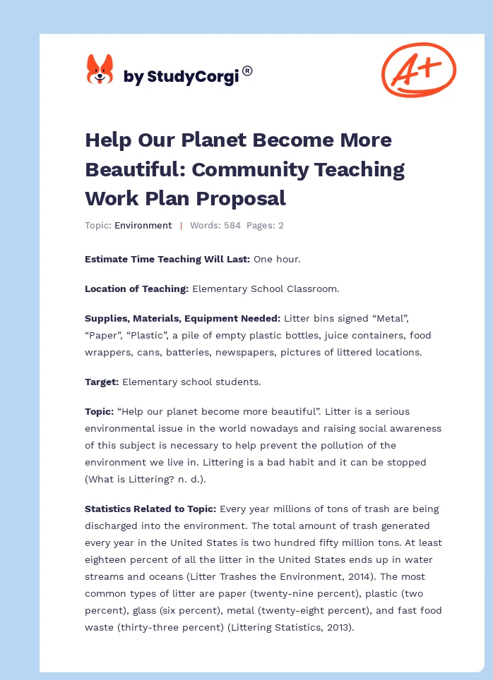 Help Our Planet Become More Beautiful: Community Teaching Work Plan Proposal. Page 1