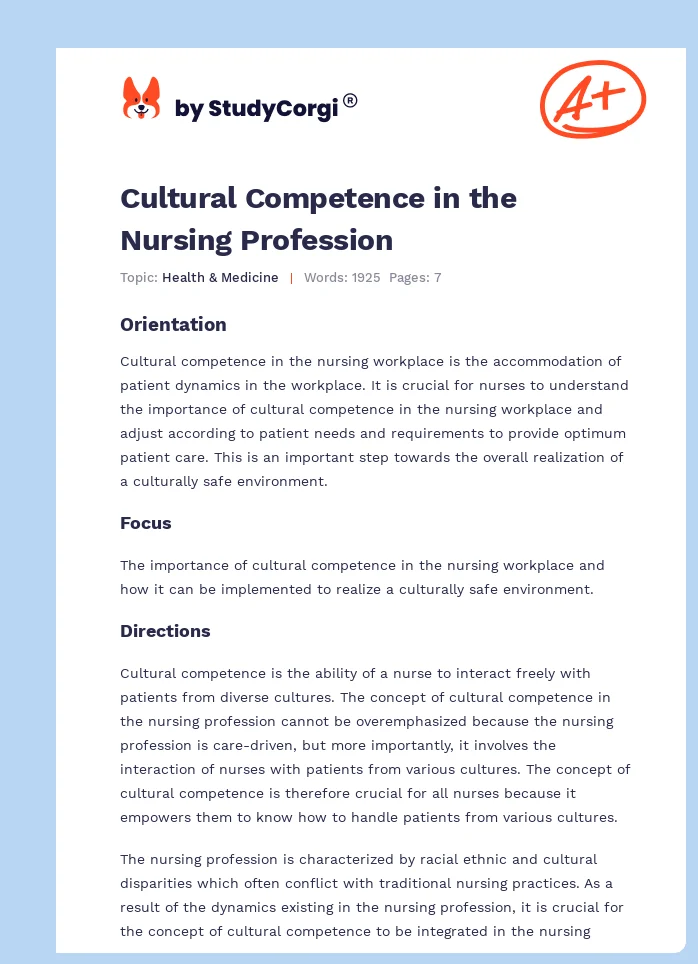 Cultural Competence in the Nursing Profession. Page 1