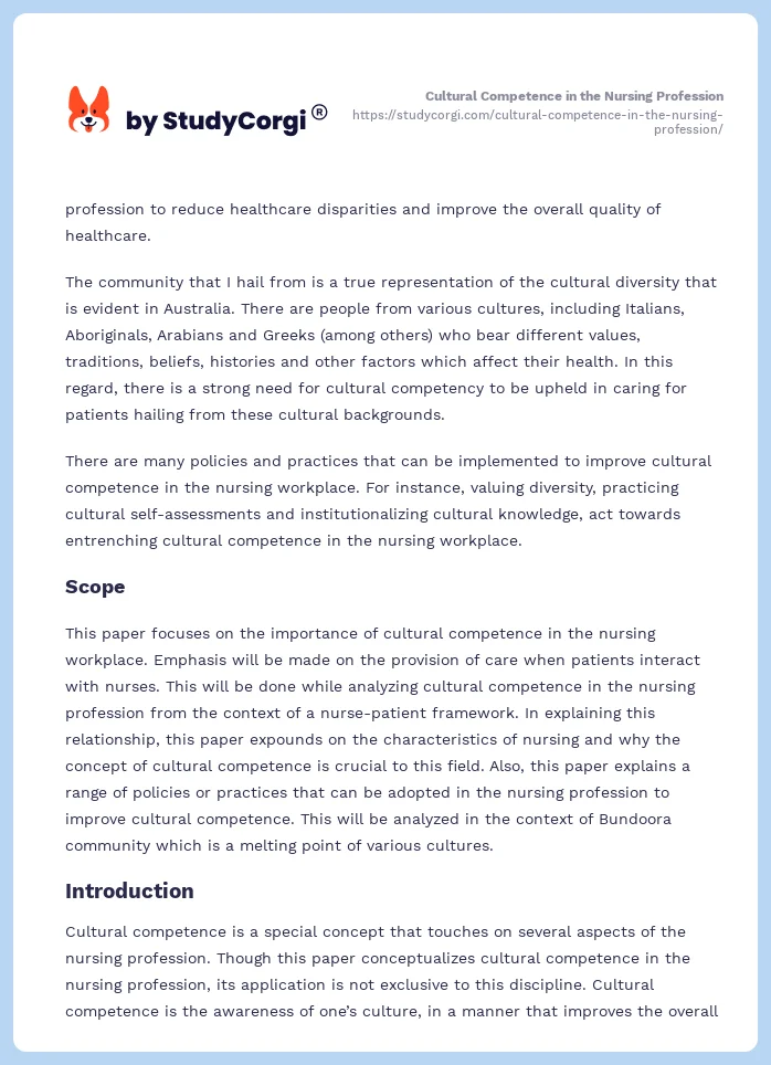 Cultural Competence in the Nursing Profession. Page 2