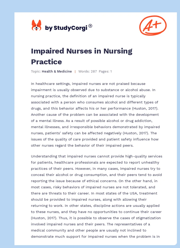 Impaired Nurses in Nursing Practice. Page 1