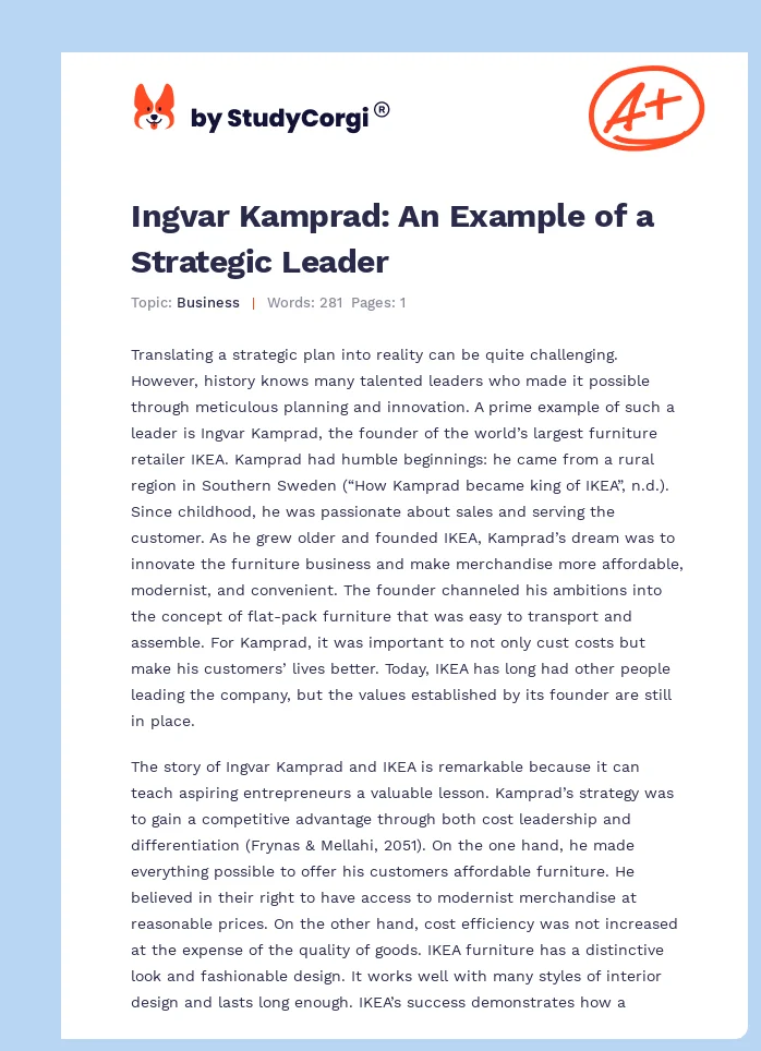 Ingvar Kamprad: An Example of a Strategic Leader. Page 1