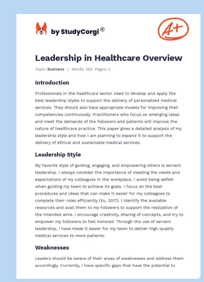 Leadership in Healthcare Overview. Page 1
