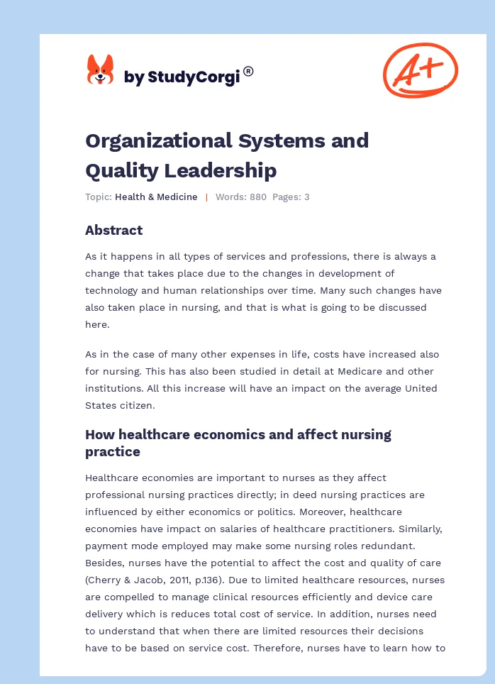 Organizational Systems and Quality Leadership. Page 1