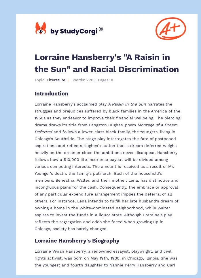 Lorraine Hansberry's "A Raisin in the Sun" and Racial Discrimination. Page 1