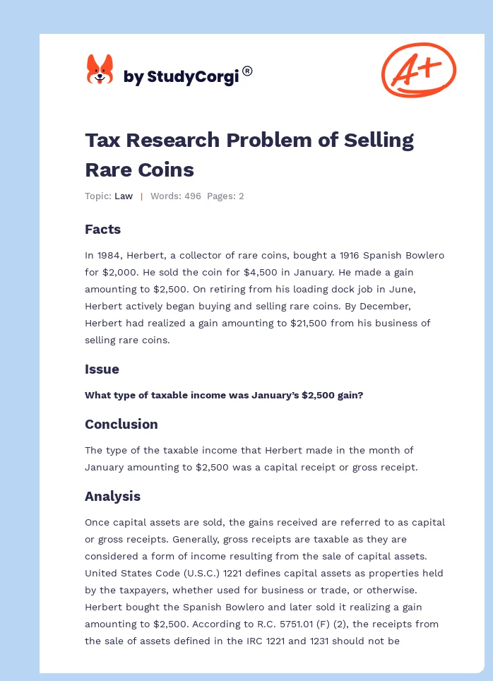 Tax Research Problem of Selling Rare Coins. Page 1