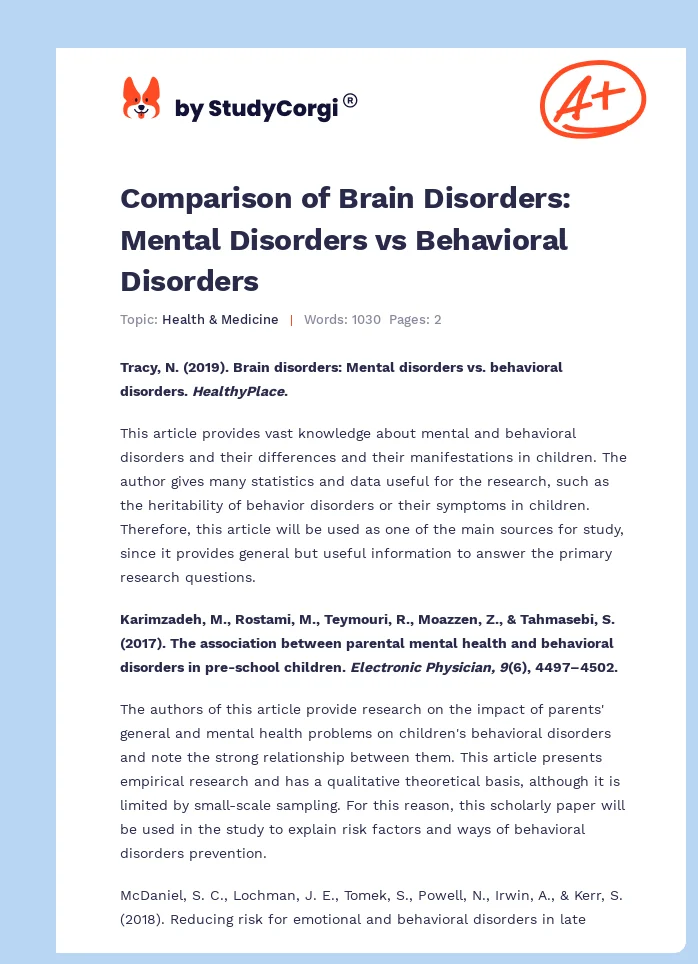 Comparison of Brain Disorders: Mental Disorders vs Behavioral Disorders. Page 1