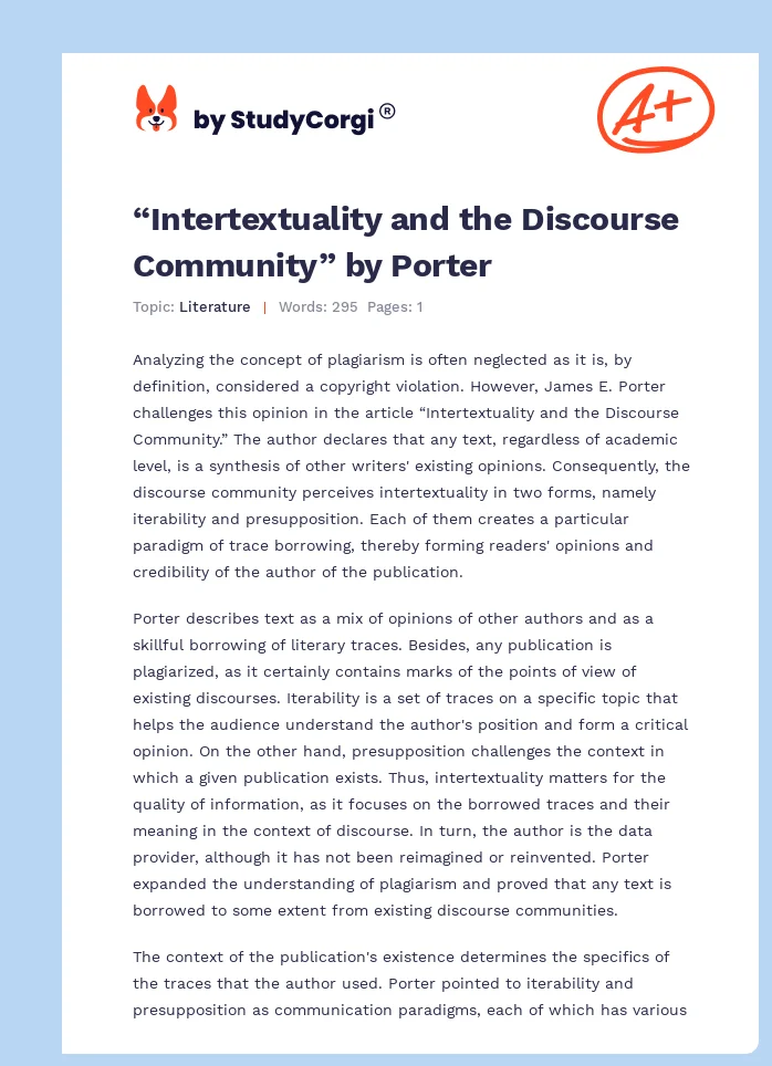 “Intertextuality and the Discourse Community” by Porter. Page 1