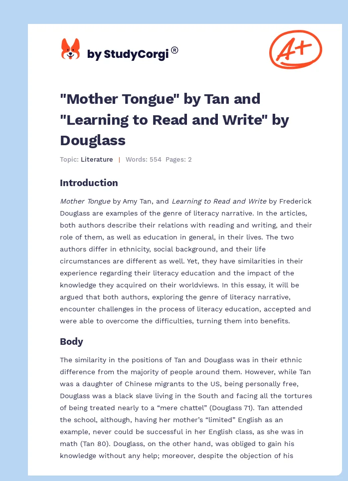 "Mother Tongue" by Tan and "Learning to Read and Write" by Douglass. Page 1