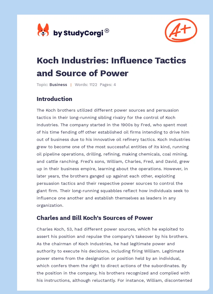 Koch Industries: Influence Tactics and Source of Power. Page 1