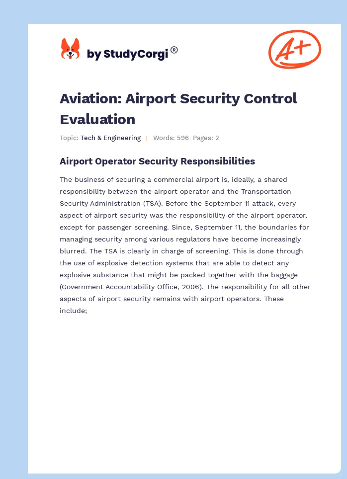 Aviation: Airport Security Control Evaluation. Page 1
