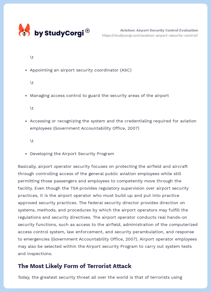 Aviation: Airport Security Control Evaluation. Page 2