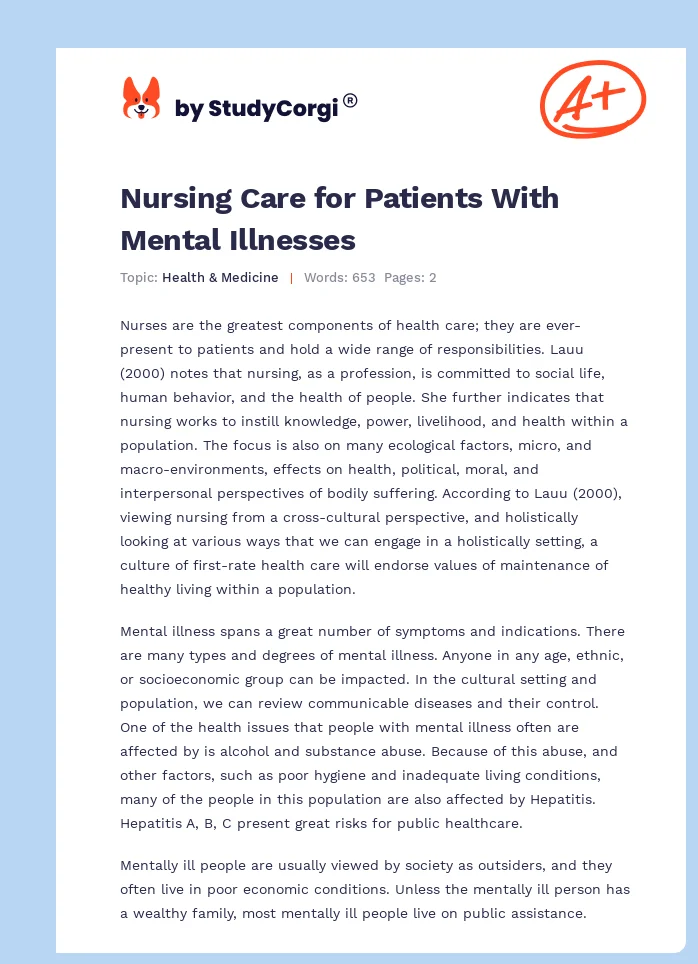 Nursing Care for Patients With Mental Illnesses. Page 1