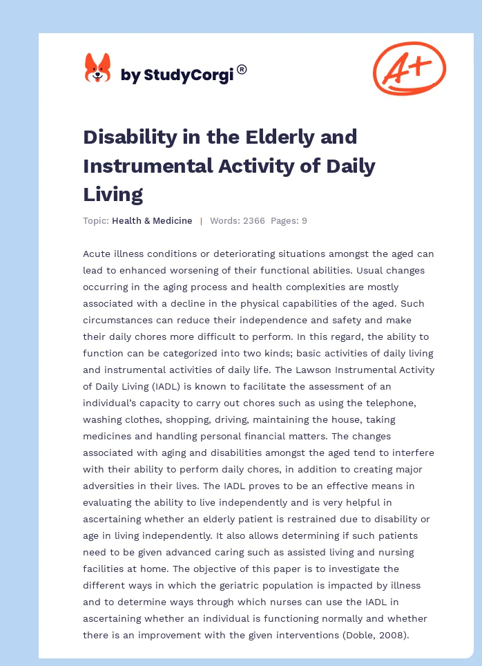 Disability in the Elderly and Instrumental Activity of Daily Living. Page 1