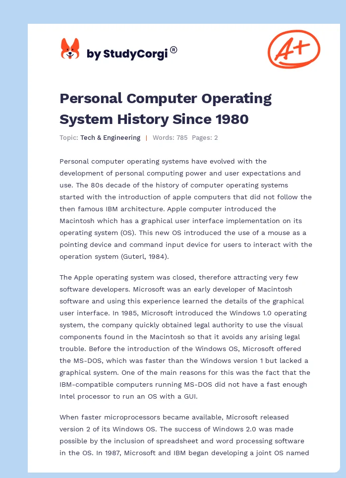 Personal Computer Operating System History Since 1980. Page 1