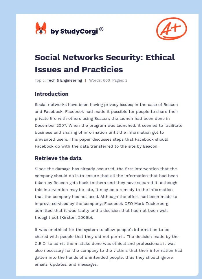 Social Networks Security: Ethical Issues and Practicies. Page 1