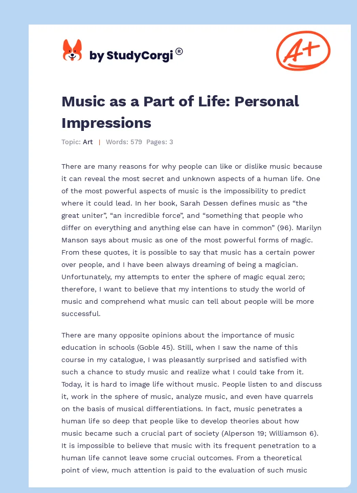 Music as a Part of Life: Personal Impressions. Page 1
