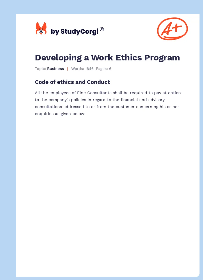 Developing a Work Ethics Program. Page 1