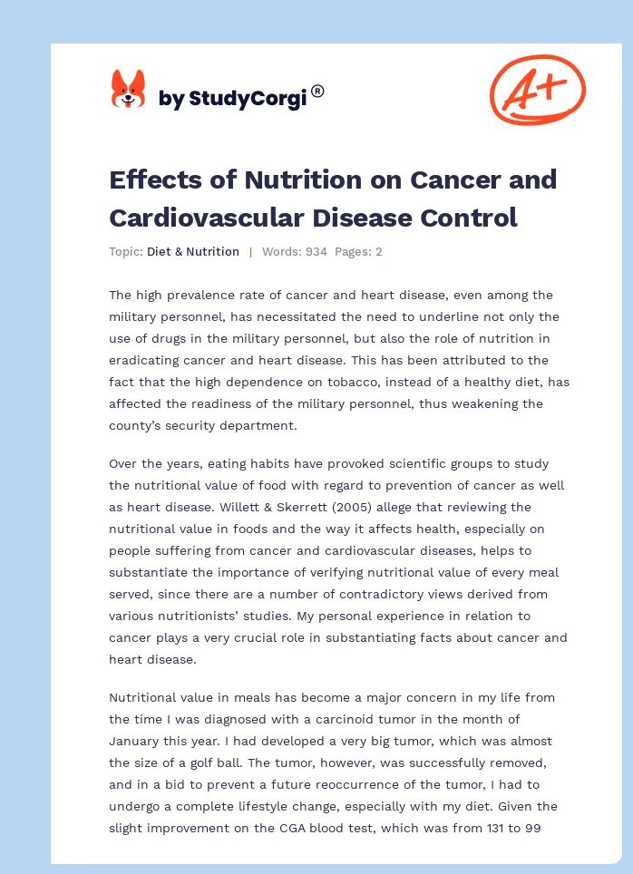 Effects of Nutrition on Cancer and Cardiovascular Disease Control. Page 1