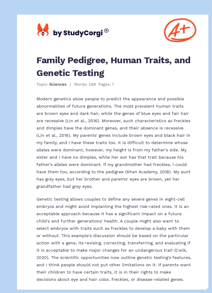 Family Pedigree, Human Traits, and Genetic Testing. Page 1