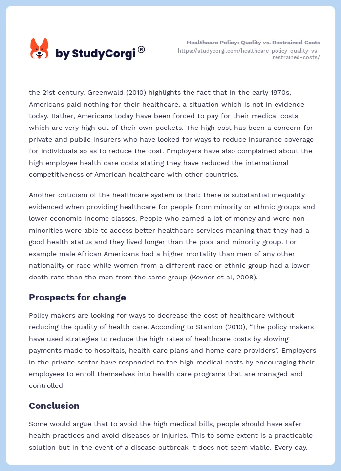 Healthcare Policy: Quality vs. Restrained Costs. Page 2