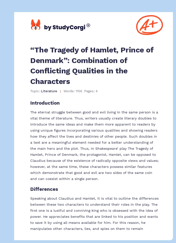 “The Tragedy of Hamlet, Prince of Denmark”: Combination of Conflicting Qualities in the Characters. Page 1