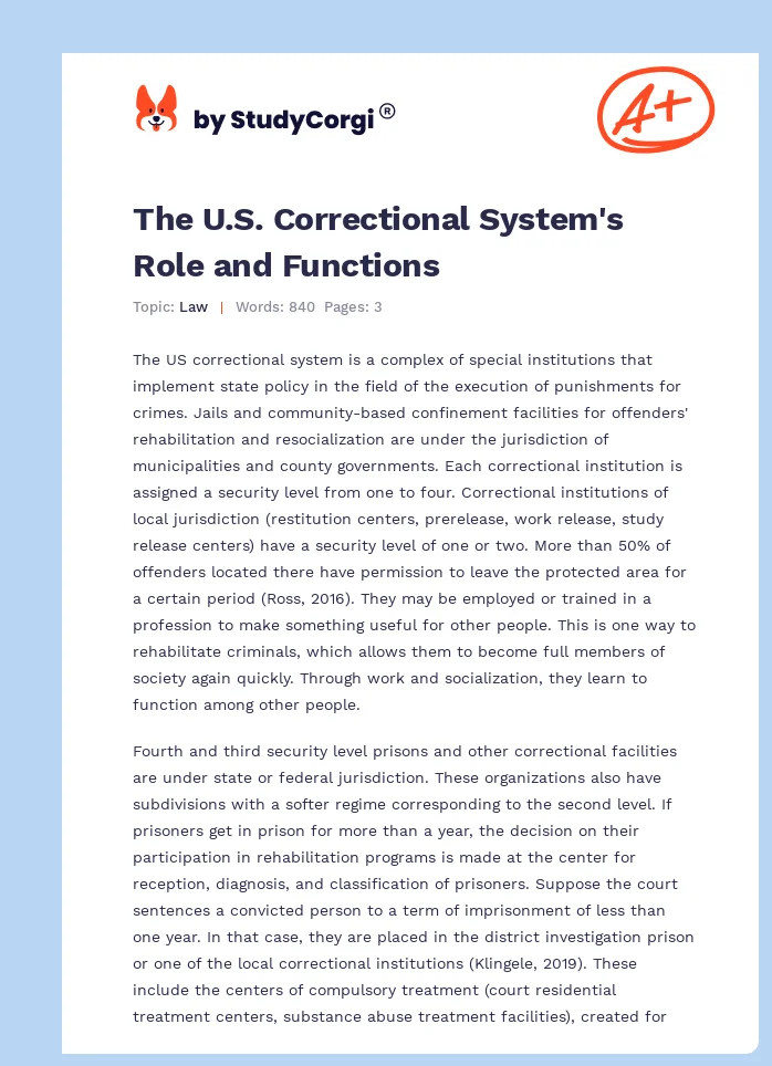 The U.S. Correctional System's Role and Functions. Page 1