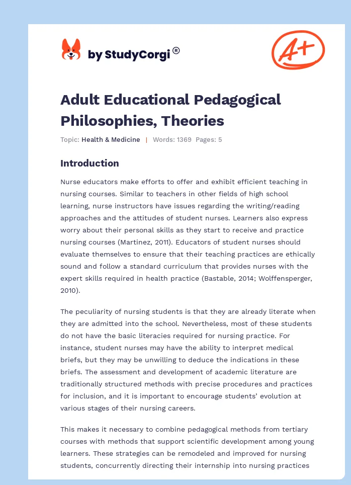 Adult Educational Pedagogical Philosophies, Theories. Page 1