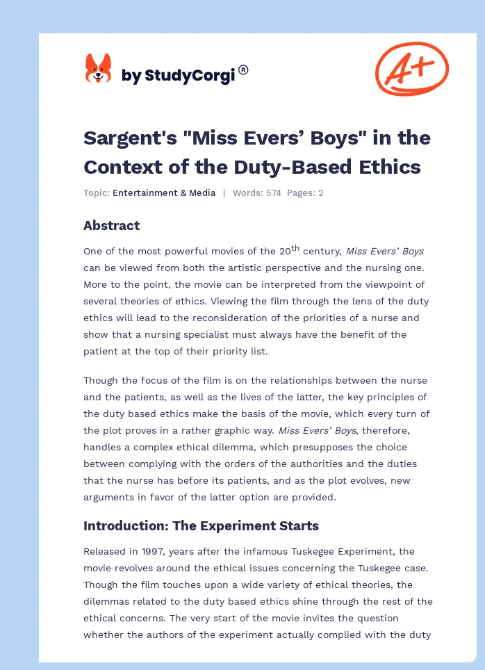 Sargent's "Miss Evers’ Boys" in the Context of the Duty-Based Ethics. Page 1