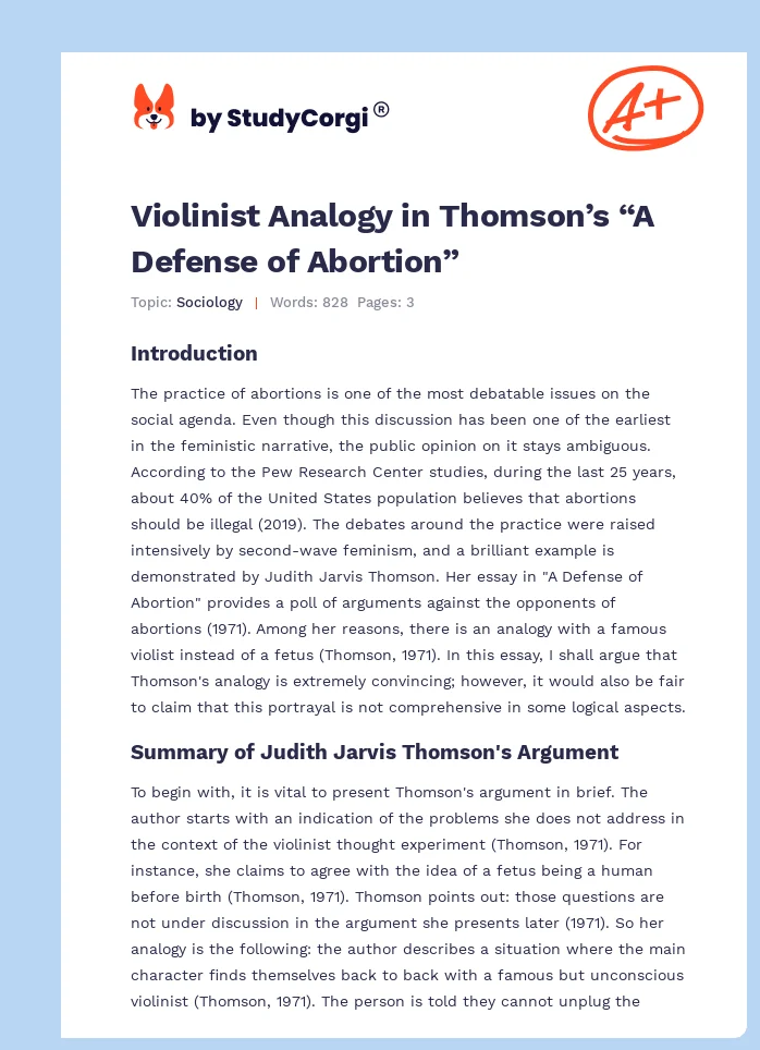 Violinist Analogy in Thomson’s “A Defense of Abortion”. Page 1