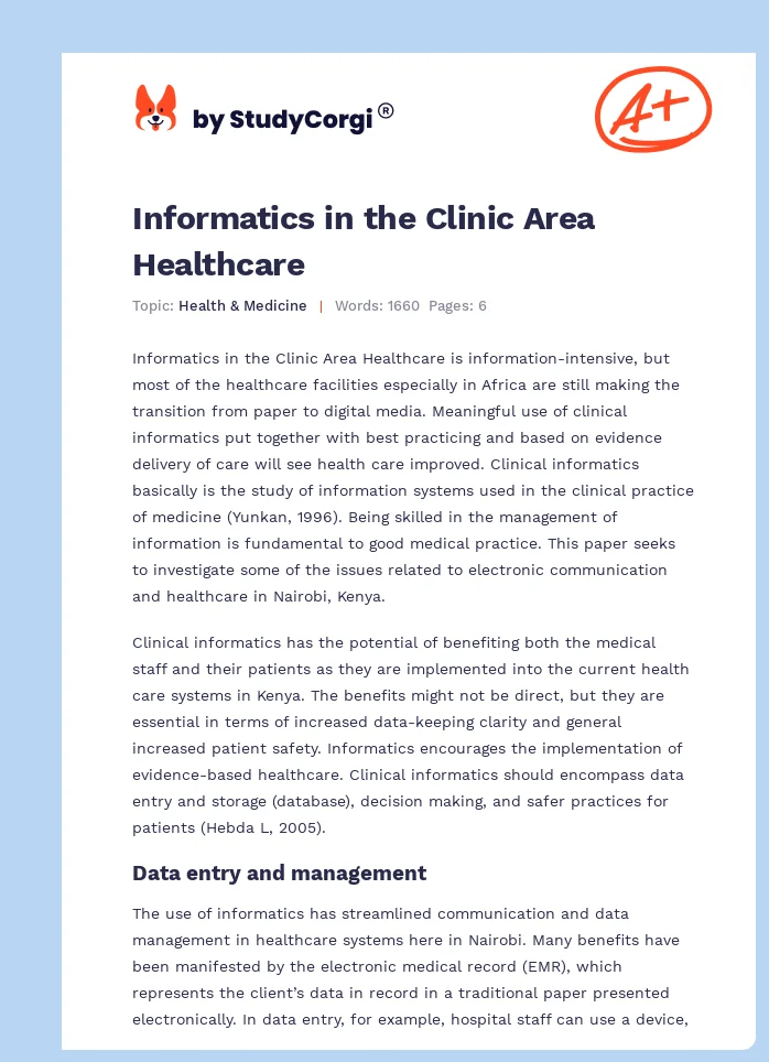 Informatics in the Clinic Area Healthcare. Page 1