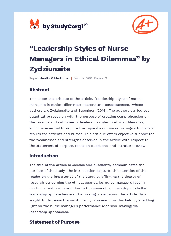 “Leadership Styles of Nurse Managers in Ethical Dilemmas” by Zydziunaite. Page 1