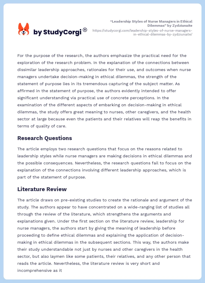 “Leadership Styles of Nurse Managers in Ethical Dilemmas” by Zydziunaite. Page 2