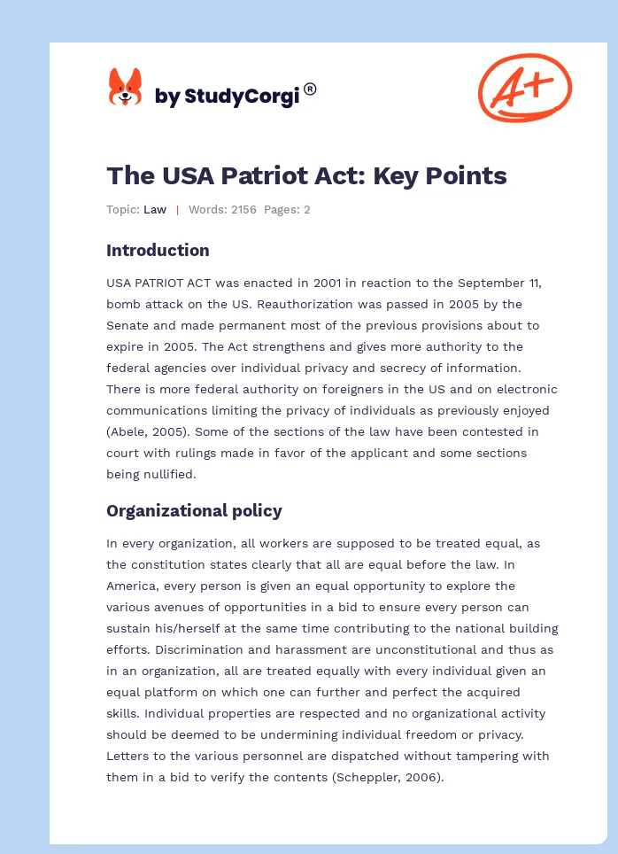 The USA Patriot Act: Key Points. Page 1
