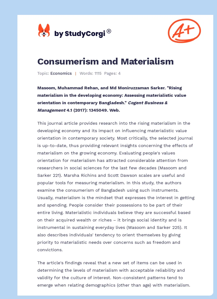 Consumerism and Materialism. Page 1