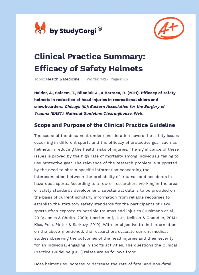 Clinical Practice Summary: Efficacy of Safety Helmets. Page 1