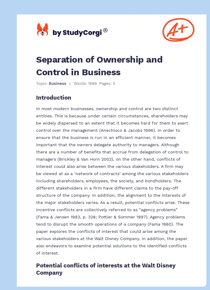 Separation of Ownership and Control in Business. Page 1