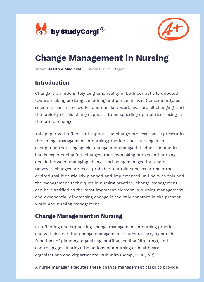Change Management in Nursing. Page 1