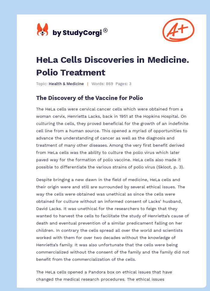 HeLa Cells Discoveries in Medicine. Polio Treatment. Page 1