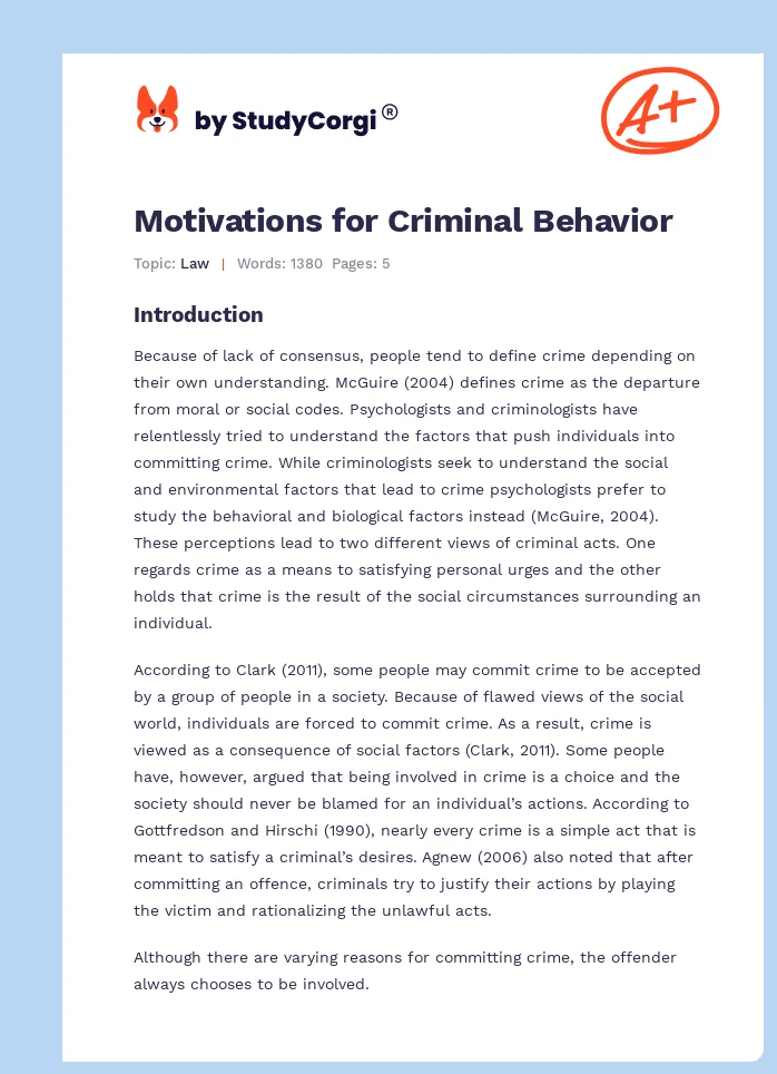 Motivations for Criminal Behavior. Page 1