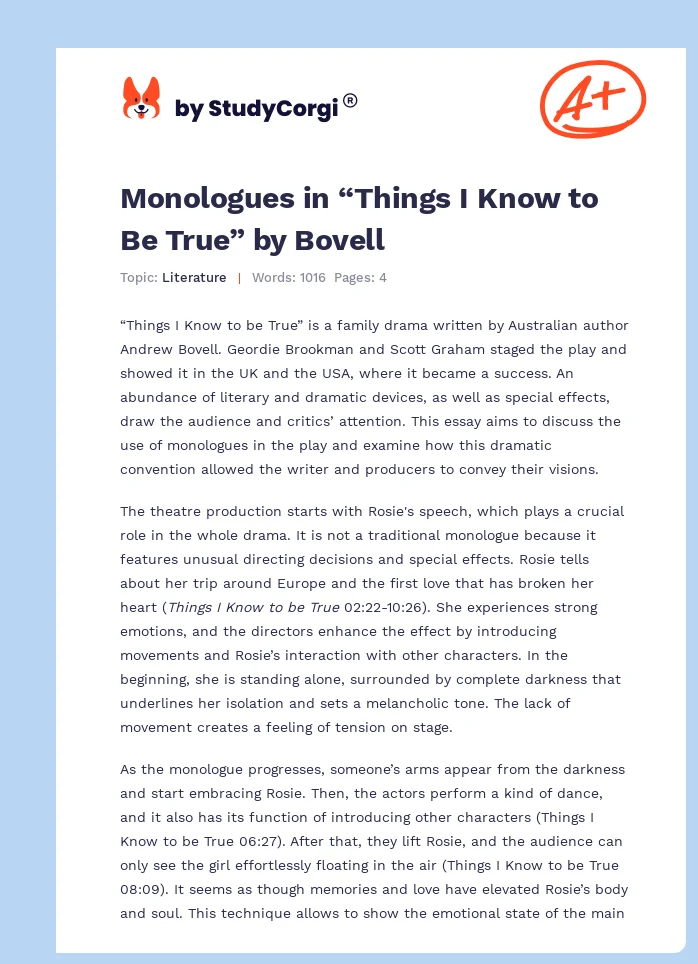 Monologues in “Things I Know to Be True” by Bovell. Page 1