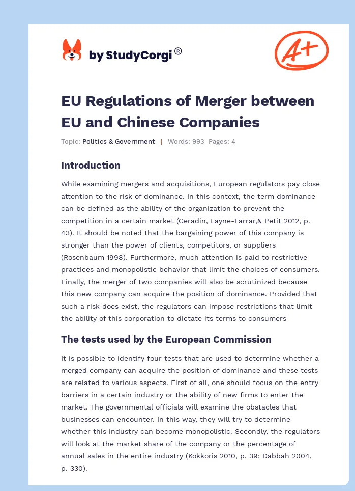 EU Regulations of Merger between EU and Chinese Companies. Page 1