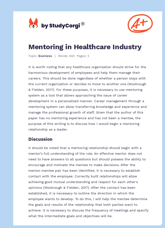 Mentoring in Healthcare Industry. Page 1