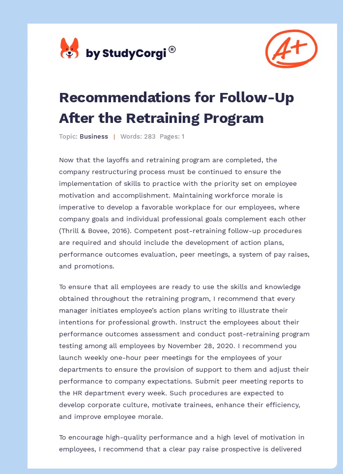 Recommendations for Follow-Up After the Retraining Program. Page 1