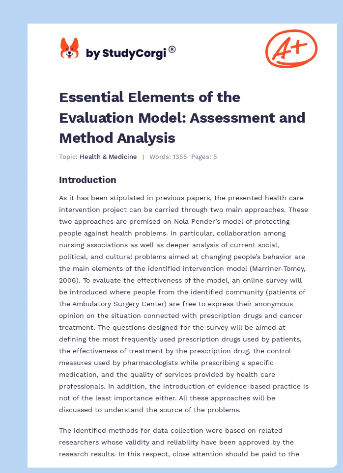 Essential Elements of the Evaluation Model: Assessment and Method Analysis. Page 1