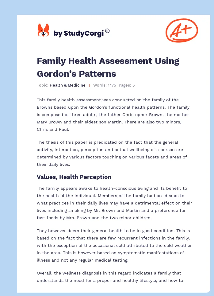 Family Health Assessment Using Gordon’s Patterns. Page 1