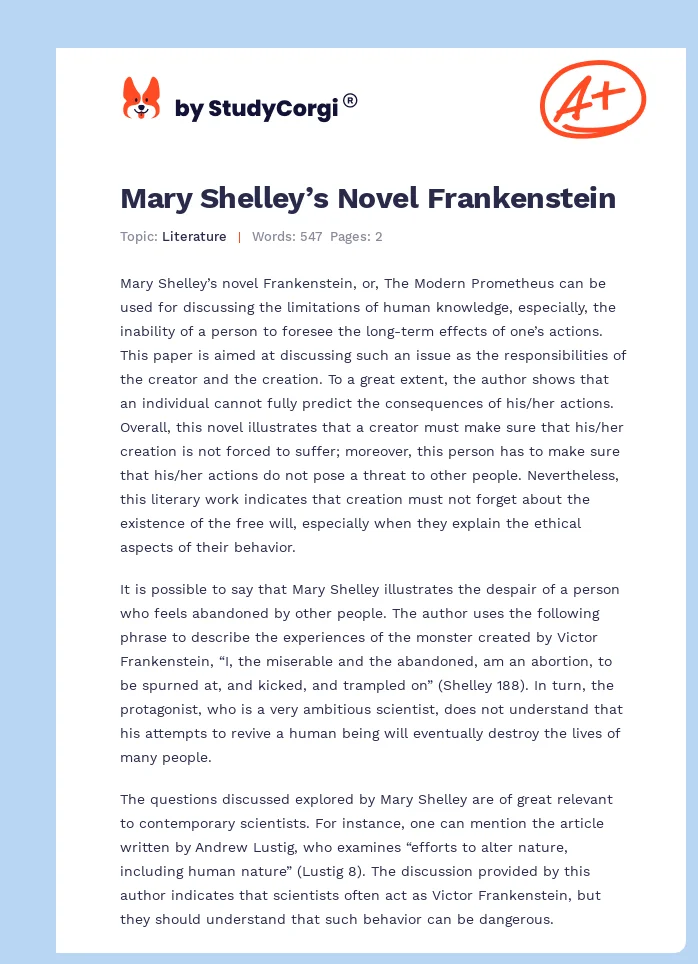 Mary Shelley’s Novel Frankenstein. Page 1