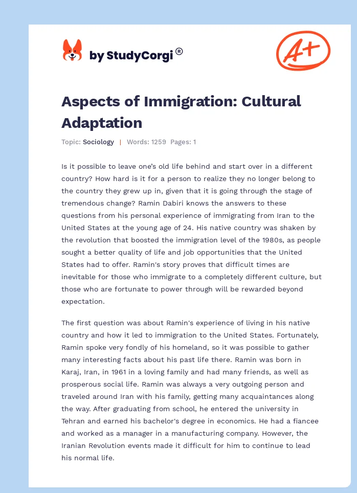 Aspects of Immigration: Cultural Adaptation. Page 1