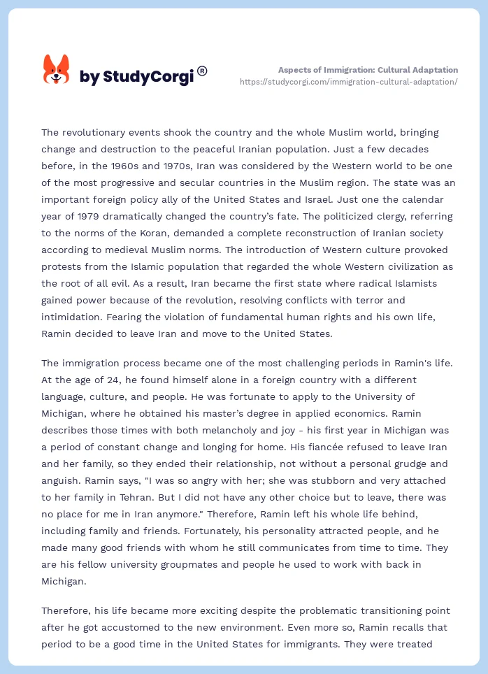Aspects of Immigration: Cultural Adaptation. Page 2