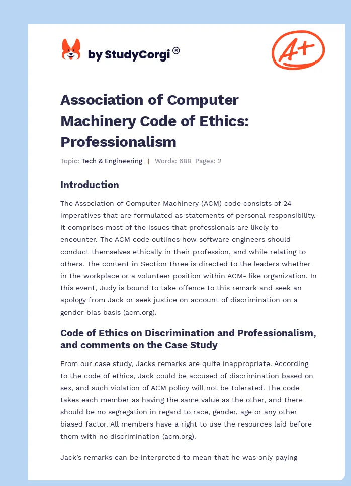 Association of Computer Machinery Code of Ethics: Professionalism. Page 1