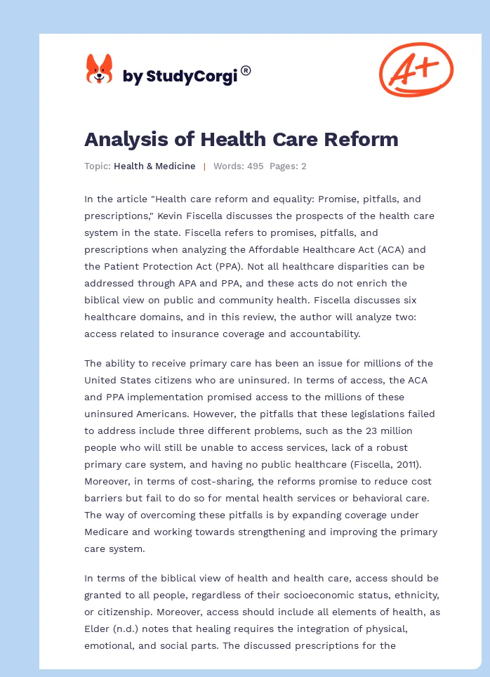 Analysis of Health Care Reform. Page 1